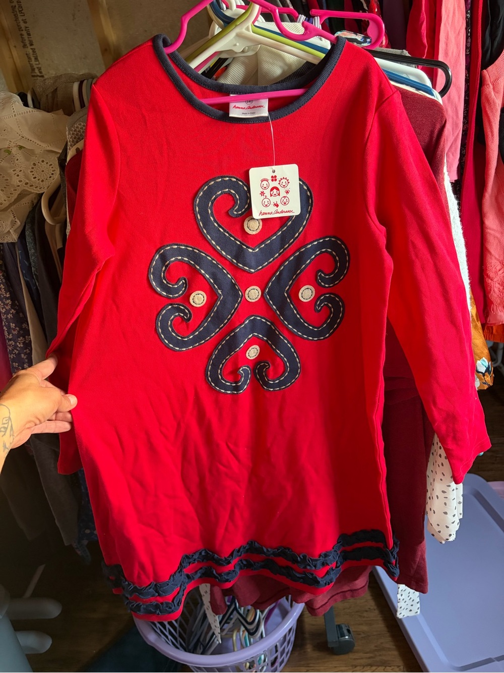 Hanna Andersson Red Long-Sleeve Tunic Dress with Navy Appliqué 140